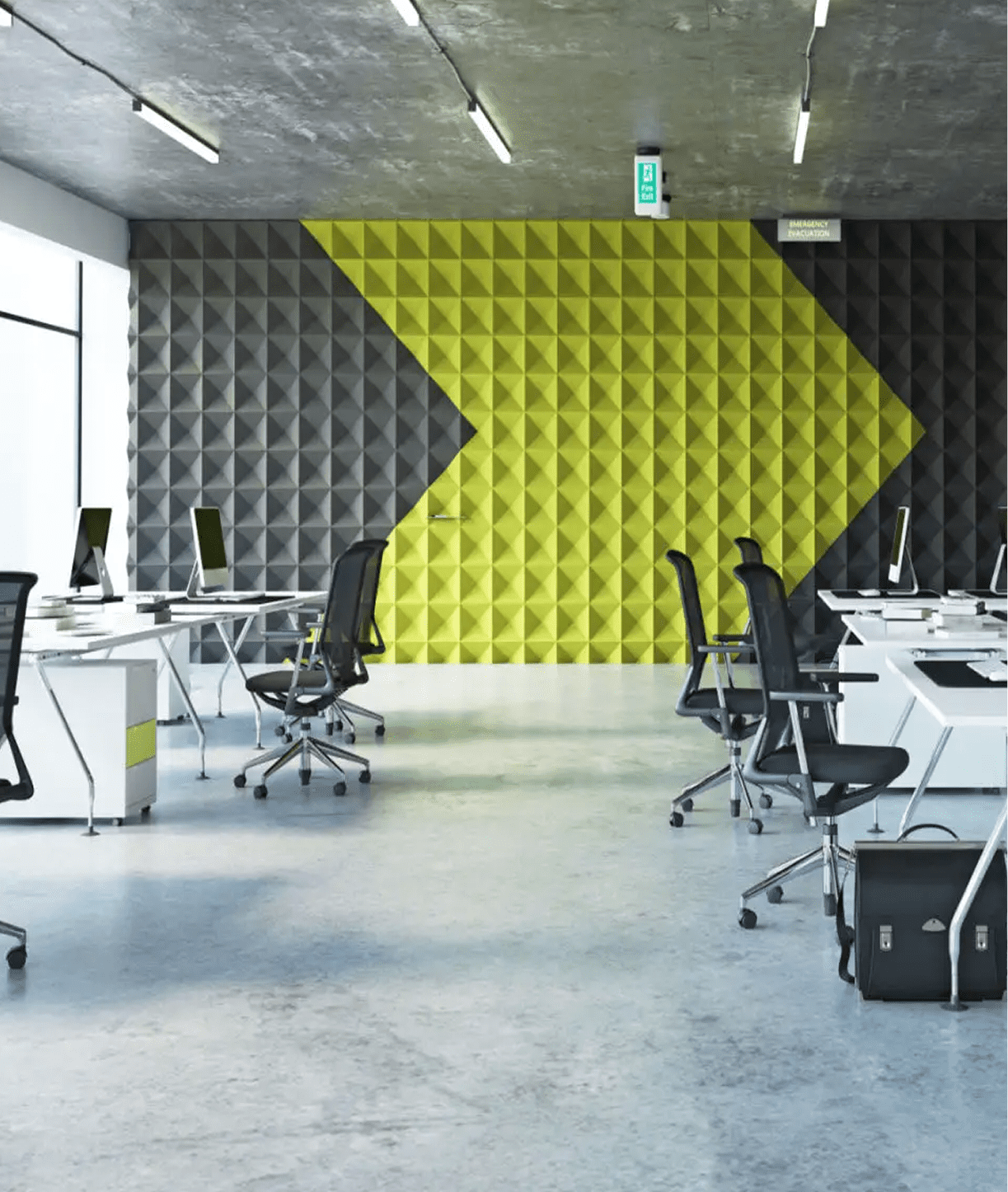 Open office layout with abstract decor