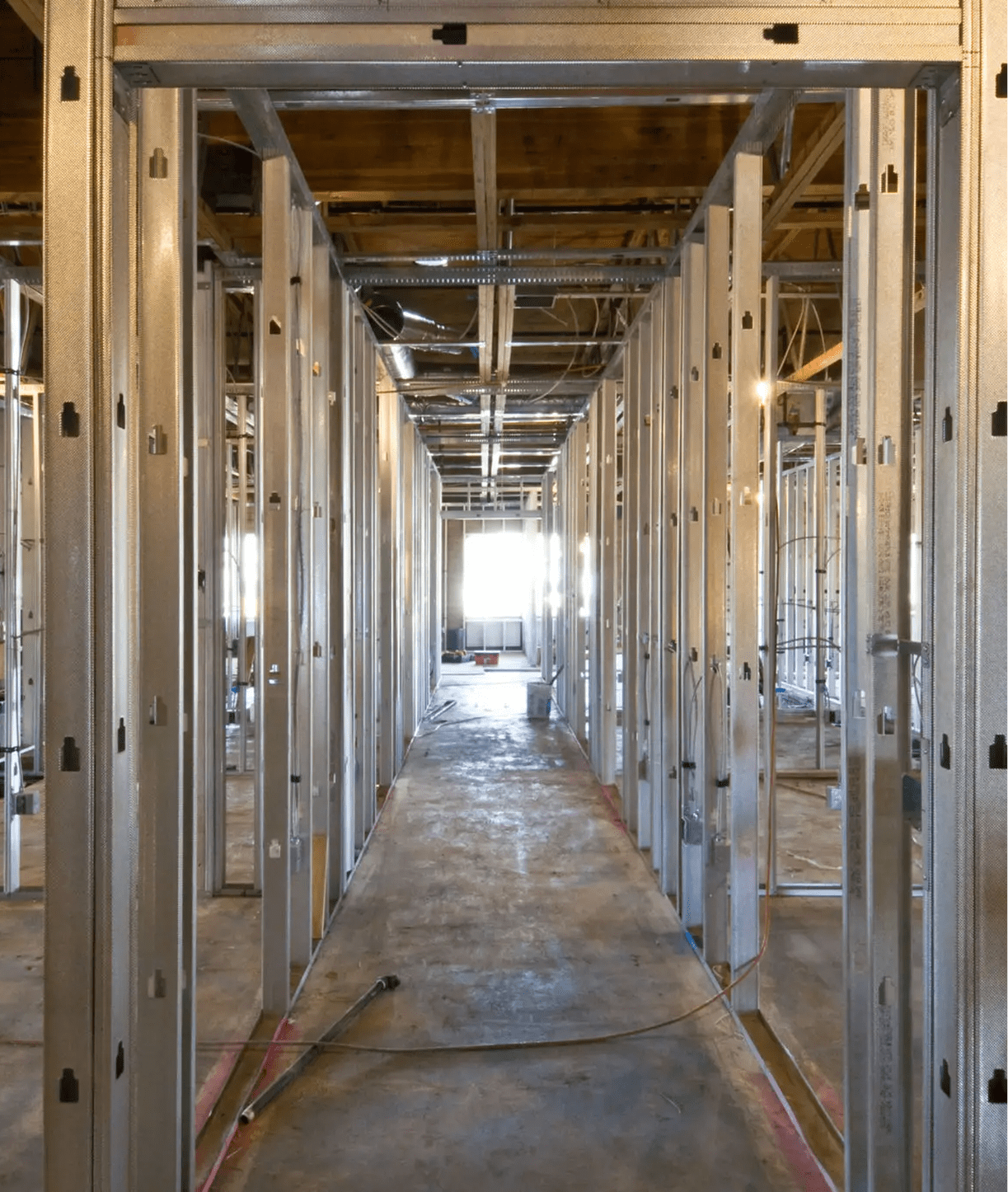 Building interior with metal frame construction