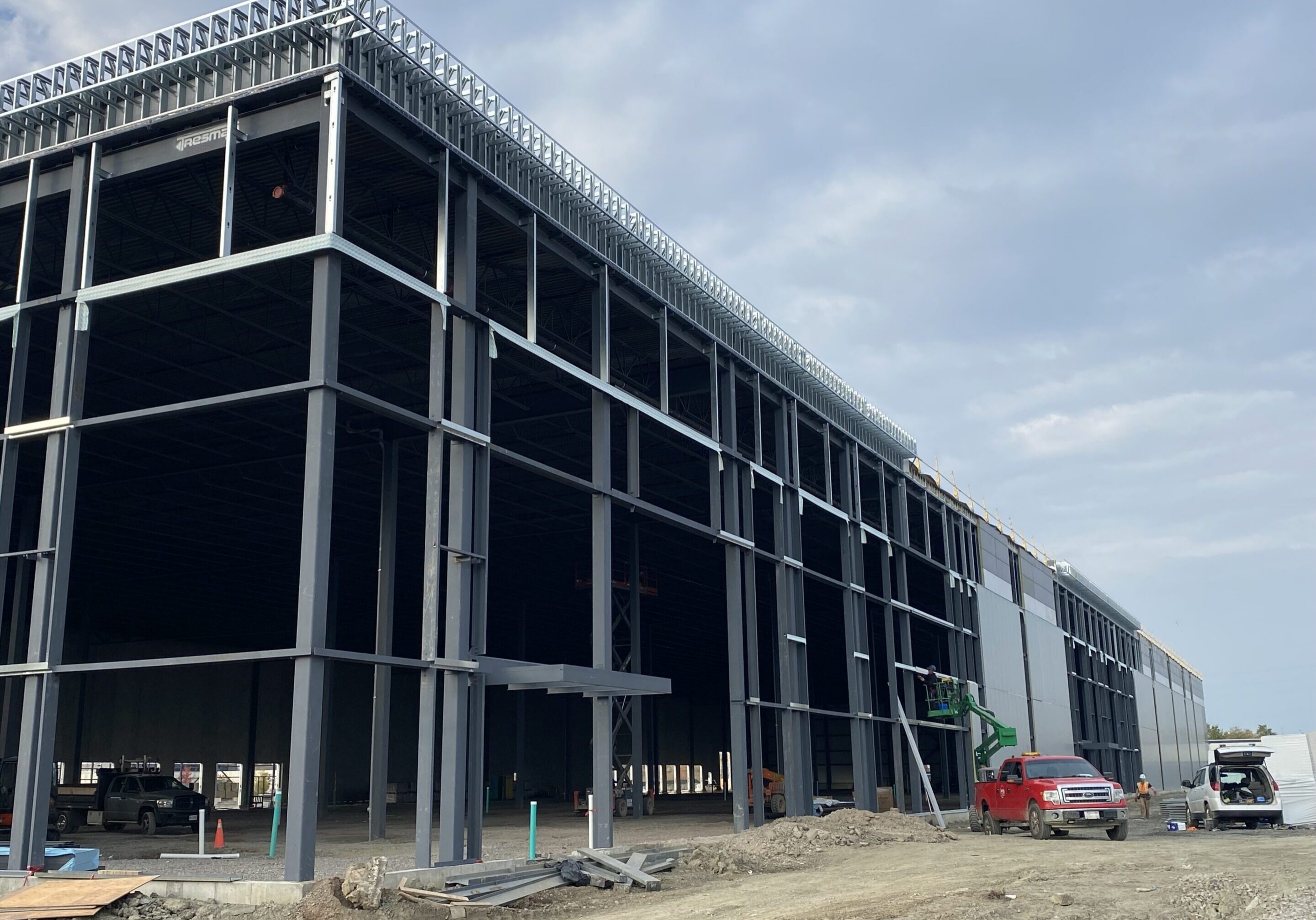 Large steel-frame warehouse under construction