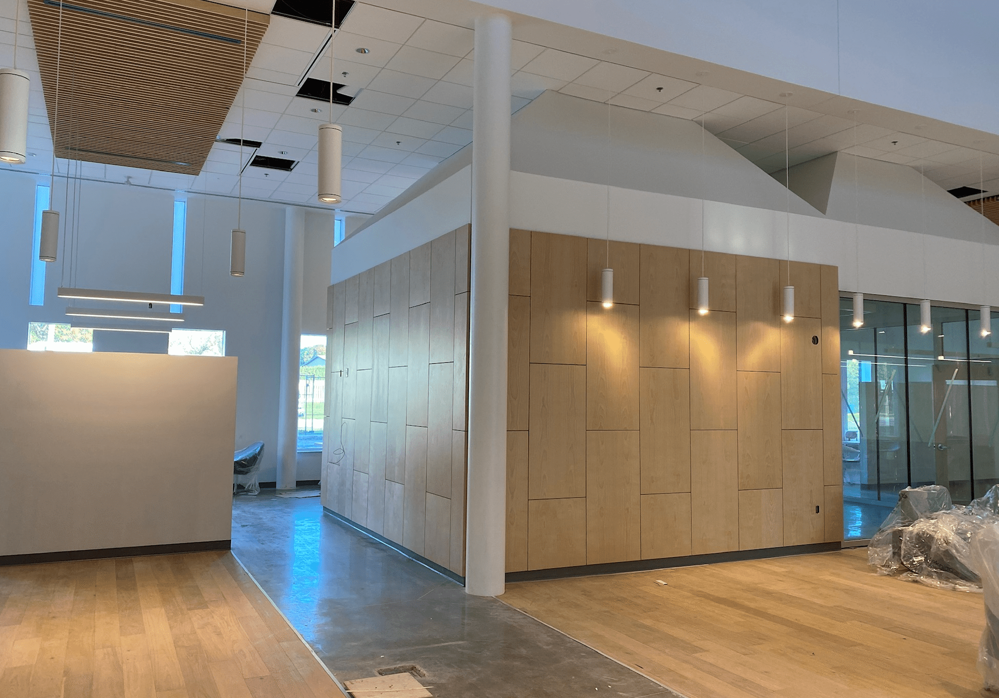 Modern interior with wood and glass elements.